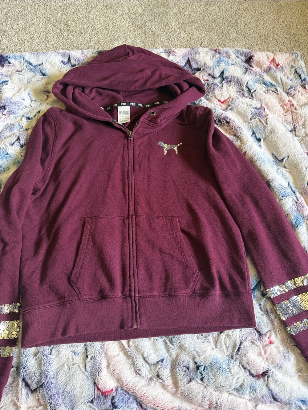 PINK Victoria's Secret Maroon Hooded Sequin-Accent Zip Jacket